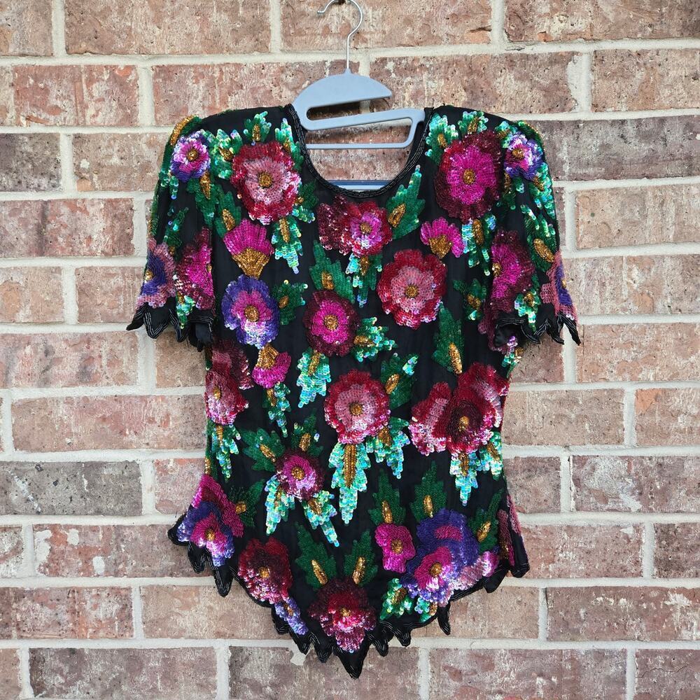 Vintage Laurence Kazarb Black Silk Bead Sequin Lady Woman Top Blouse Size M